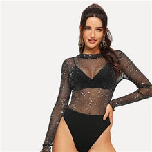 Load image into Gallery viewer, Sheer and Sparkle Bodysuit - Black / Transparent - UnFazed Tees