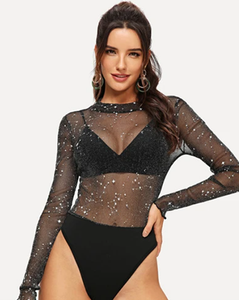 Sheer and Sparkle Bodysuit - Black / Transparent