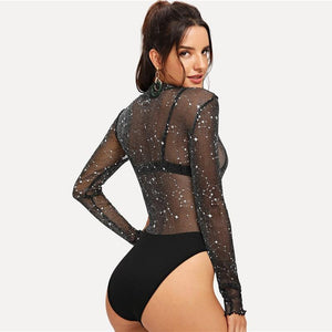 Sheer and Sparkle Bodysuit - Black / Transparent - UnFazed Tees