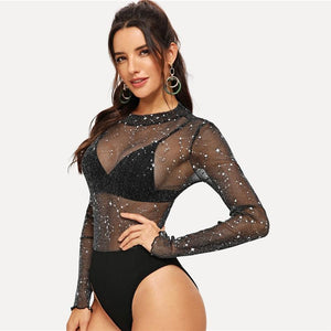 Sheer and Sparkle Bodysuit - Black / Transparent - UnFazed Tees