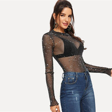 Load image into Gallery viewer, Sheer and Sparkle Bodysuit - Black / Transparent - UnFazed Tees
