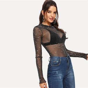 Sheer and Sparkle Bodysuit - Black / Transparent - UnFazed Tees