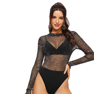 Sheer and Sparkle Bodysuit - Black / Transparent - UnFazed Tees